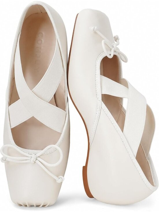 Shoes - Women's White Square Toe Soft Strap Low Wedge Comfortable Walking Ballet Flats